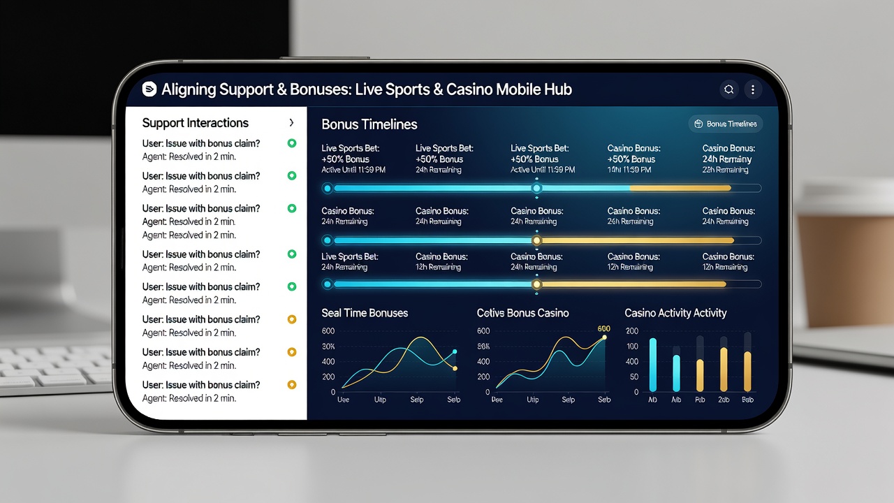 Support-Dashboard mit Bonus-Timeline und Live-Sport- und Casino-Datenströmen auf Tablet und Smartphone