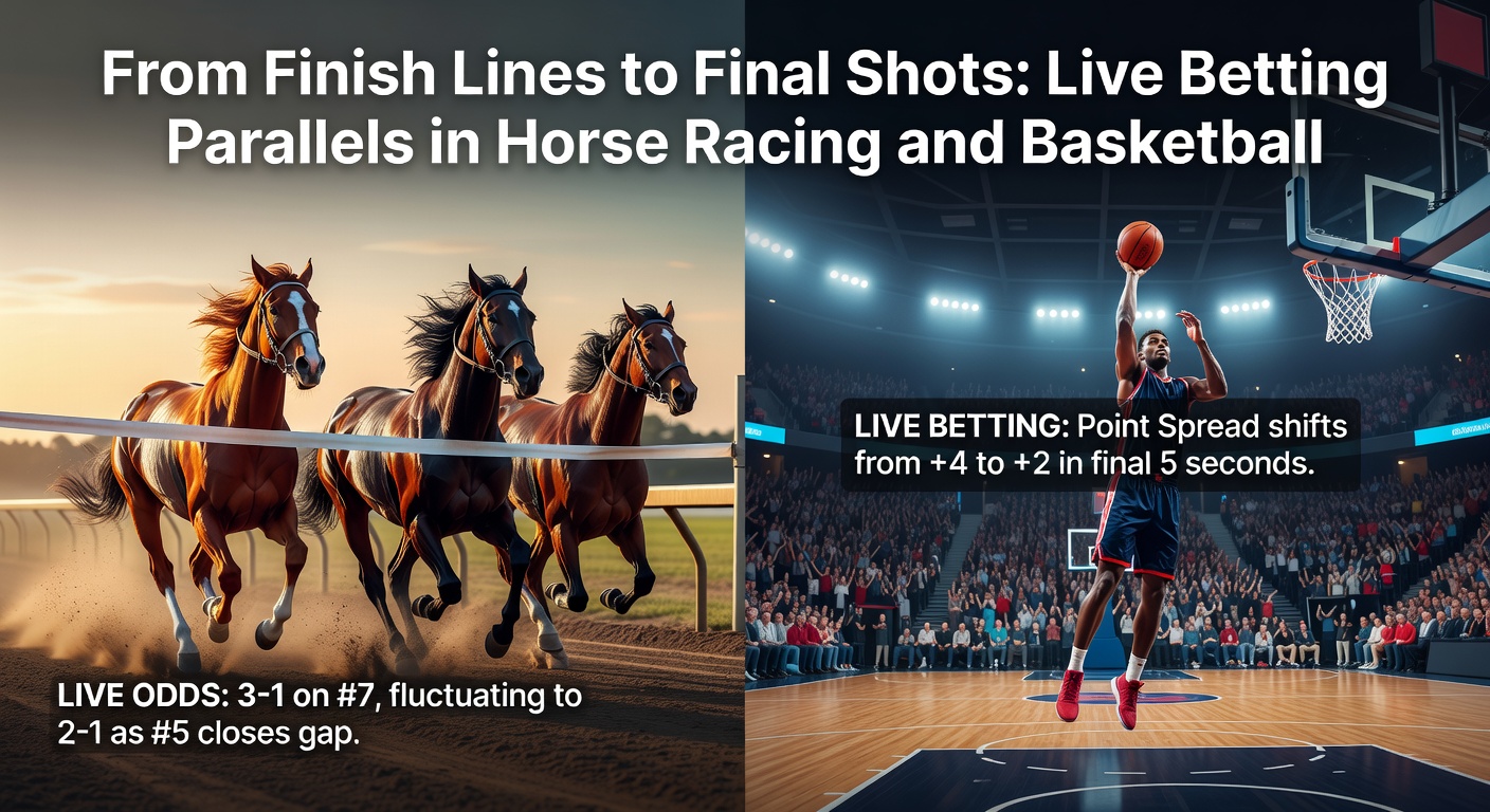 Pferderennen und Basketball-Spiel mit Live-Wetten-Überlagerungen, die die Dynamik der Wetten illustrieren
