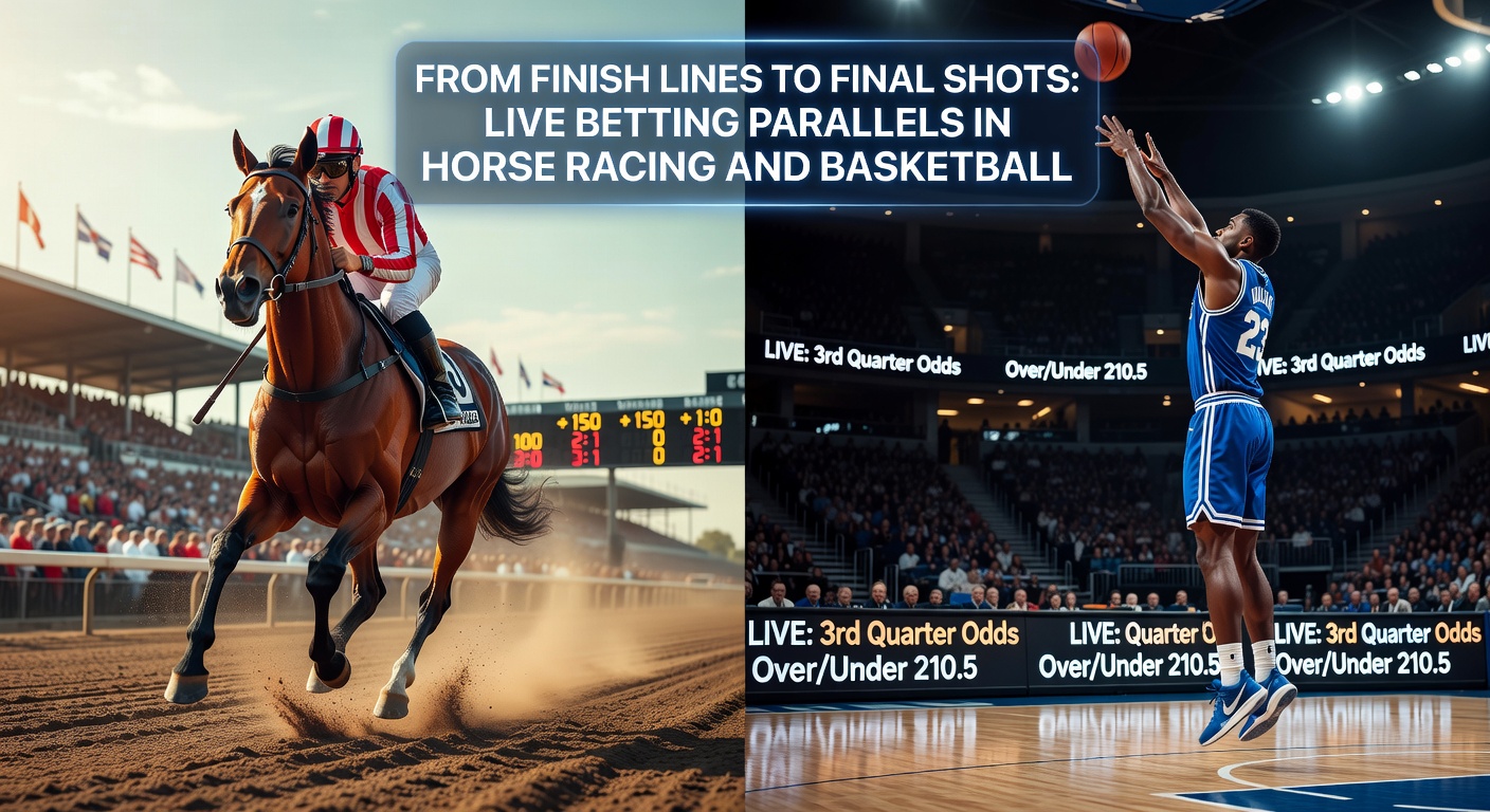 Nahaufnahme eines Basketball-Korbs mit Live-Odds-Overlay und einem Pferderennen-Finish nebeneinander, symbolisierend Wetten-Parallelen