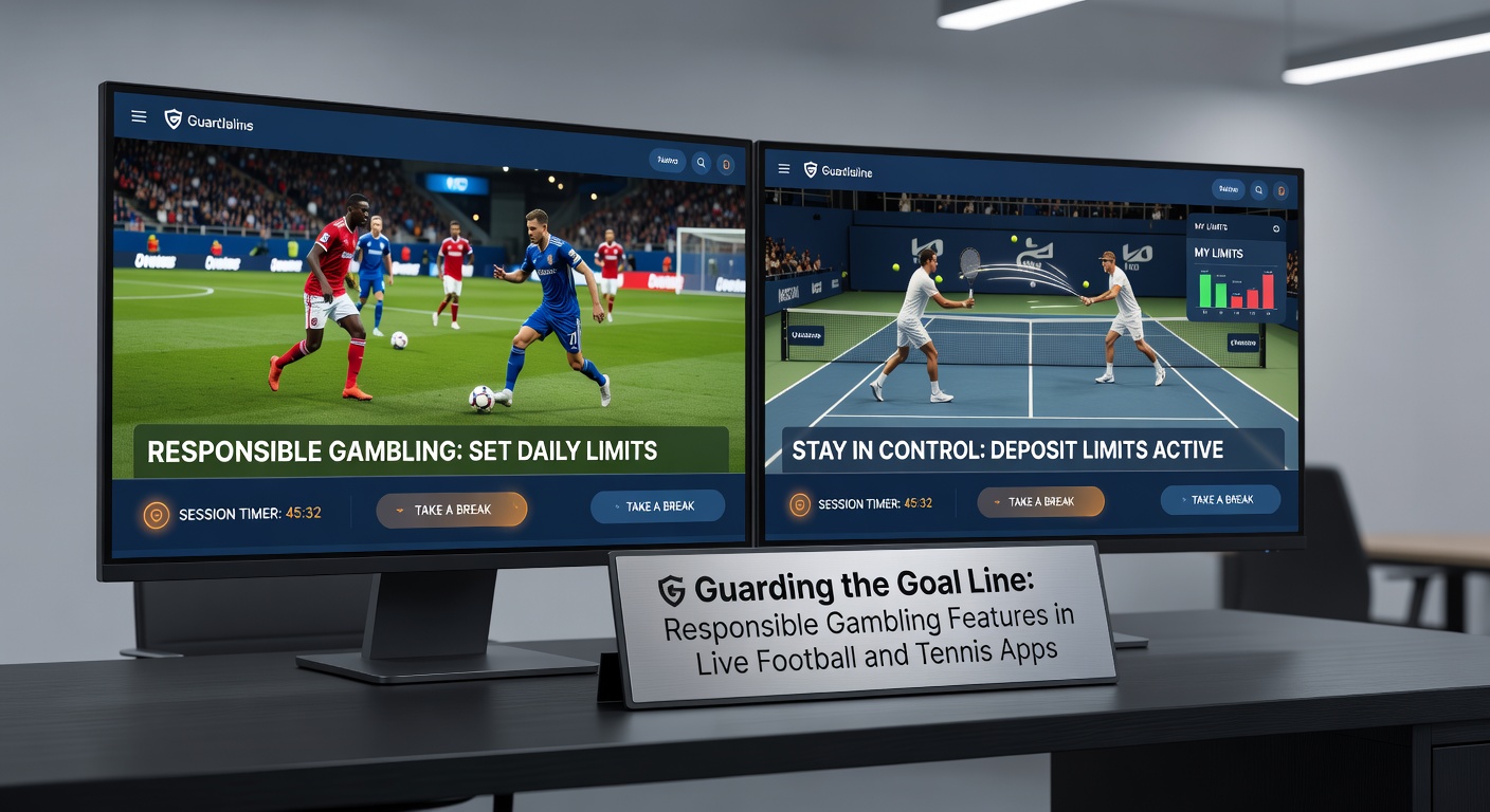 Darstellung eines Tennis-Matches in einer App mit hervorgehobenen verantwortungsvollen Features wie Zeitlimits und Selbstsperr-Button während eines Break-Point-Moments
