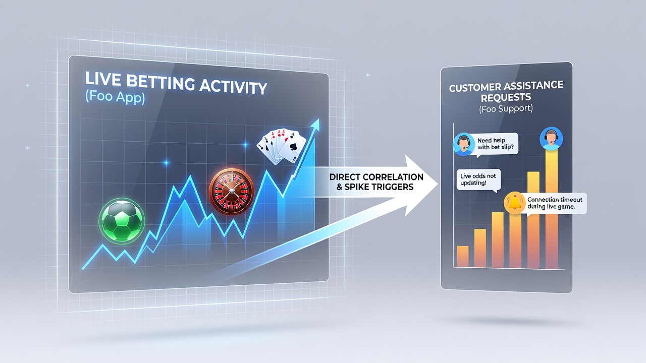 Analytics dashboard displaying correlations between live betting spikes and customer support requests across football, tennis and casino sections