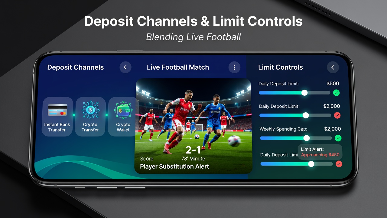 Darstellung von Limit-Kontrollen und Einzahlungsflüssen in einer mobilen App für Sportwetten und Casino